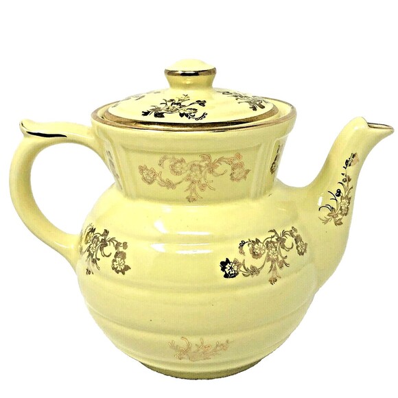 Hall Kitchenware Teapot VTG Hand Painted Yellow & Gold Gilding Cottage Regency - Picture 1 of 12